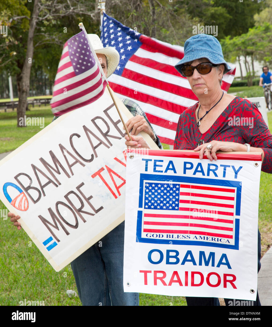 Cuban exiles, members of the Tea Party, rally on a variety of issues including opposition to President Obama and Obamacare. Stock Photo