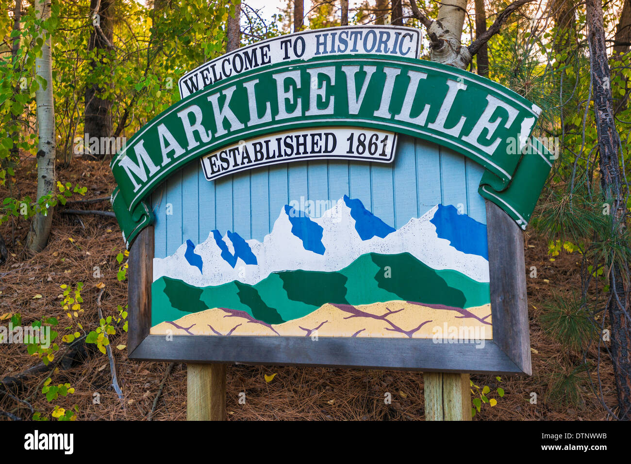 Town sign, Markleeville, California USA Stock Photo Alamy