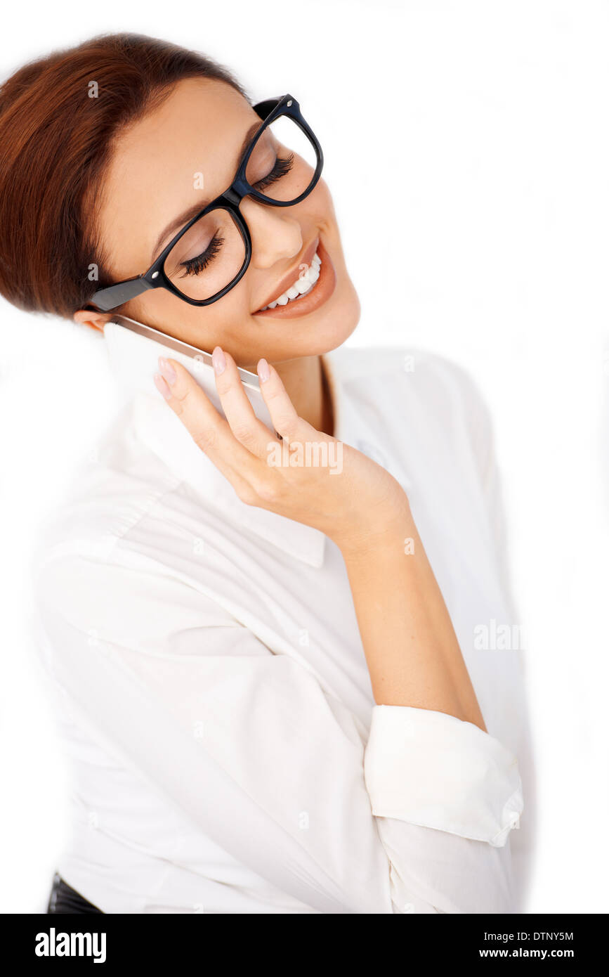 Woman in glasses chatting on a mobile Stock Photo