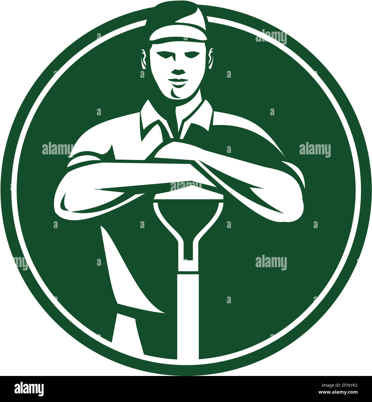 Illustration of male gardener landscaper horticulturist with shovel spade facing front done in retro style set inside circle. Stock Photo
