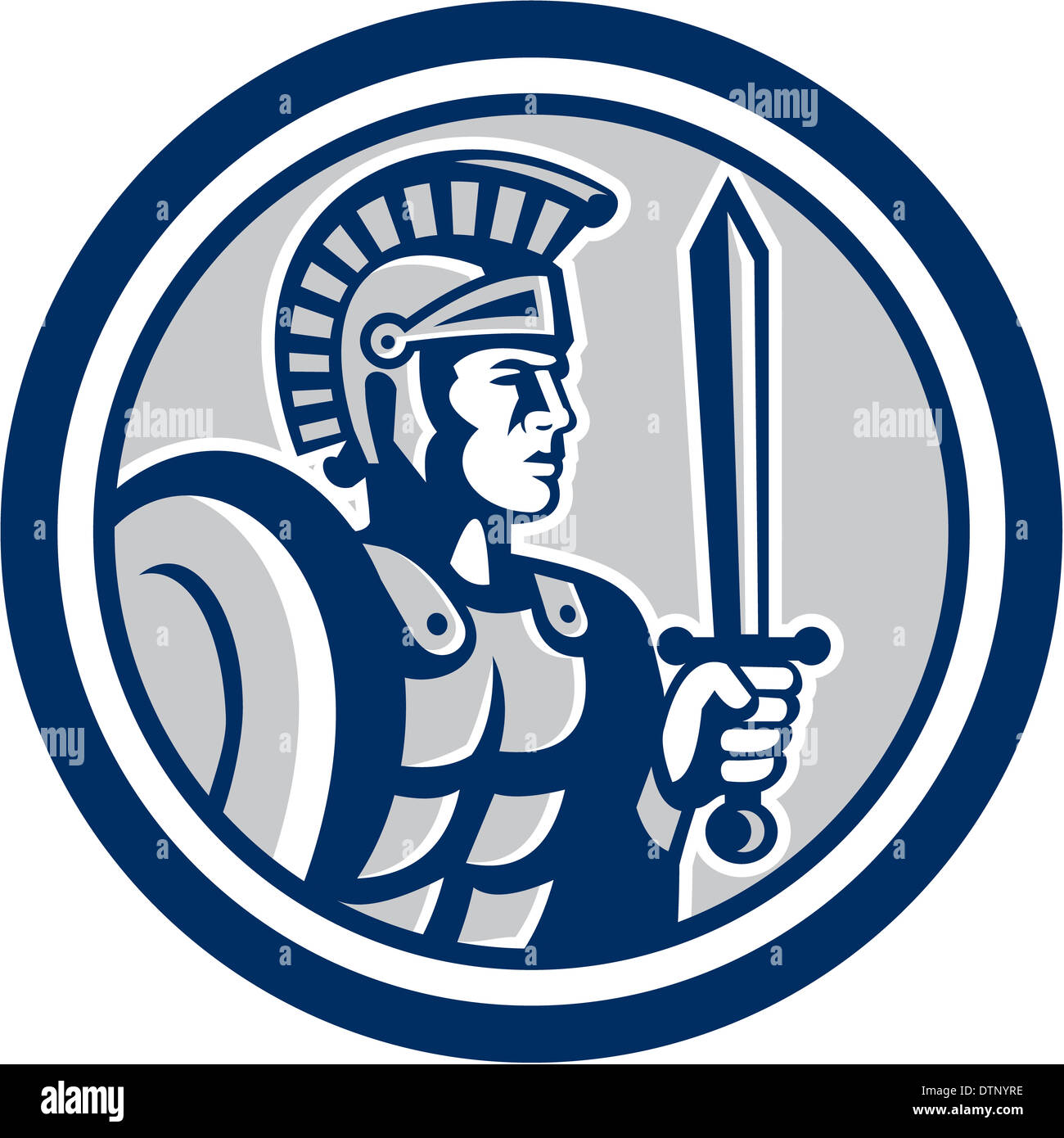 Illustration of centurion roman soldier gladiator holding a sword and shield viewed from side set inside circle done in retro style on isolated background. Stock Photo