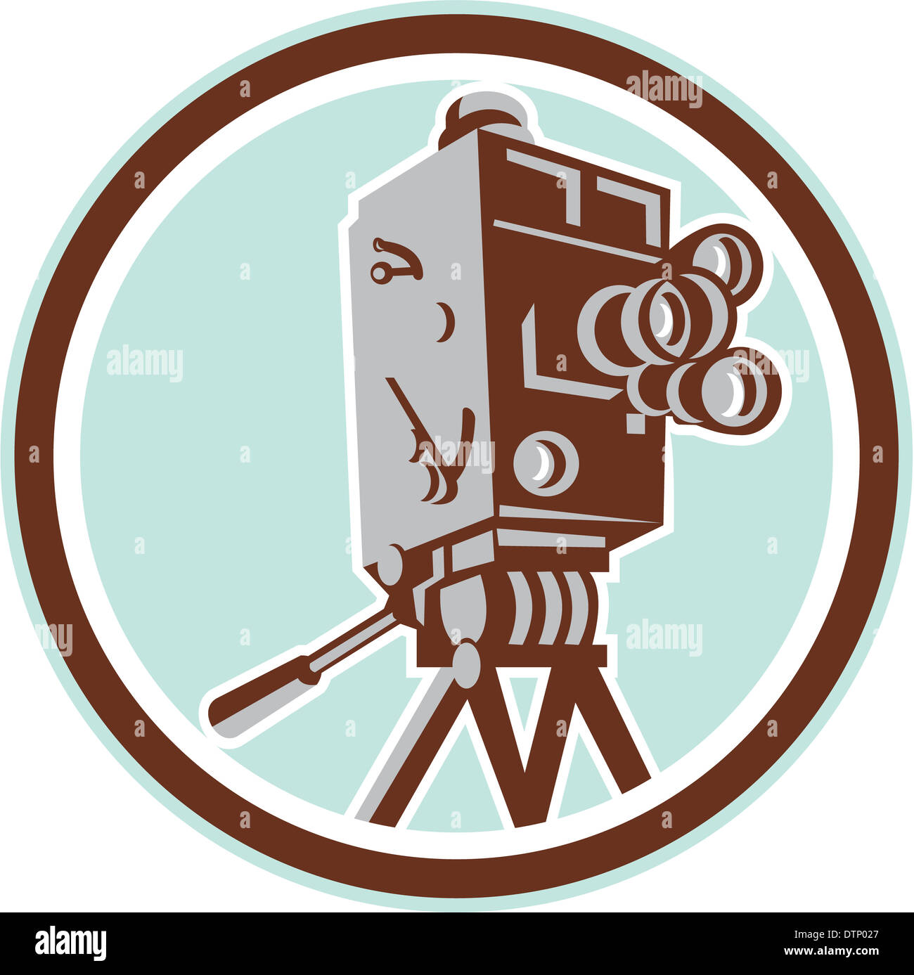 Illustration of a vintage movie film camera set inside circle viewed from low angle done in retro style on isolated background. Stock Photo