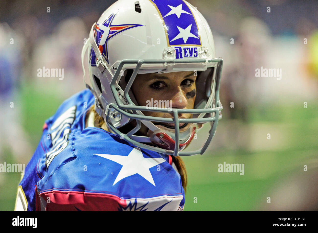 Allen, TX, USA. 21st Feb, 2014. Texas Revolution running back Jennifer Welter (47) in looks back from the bench area during an Indoor Football League game at the Allen Event Center Friday, February 21, 2014, in Allen, Texas. The 5-foot-2-inch, 130 pound Welter is the first woman to play professional football at a position other than kicker, she made the final roster of the Texas Revolution of the Indoor Football League, as a running back. © csm/Alamy Live News Stock Photo