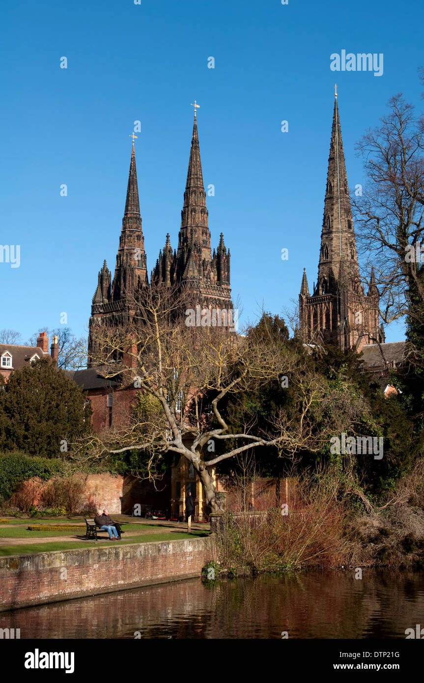 Lichfield Cathedral seen across the Minster Pool, Staffordshire, UK Stock Photo
