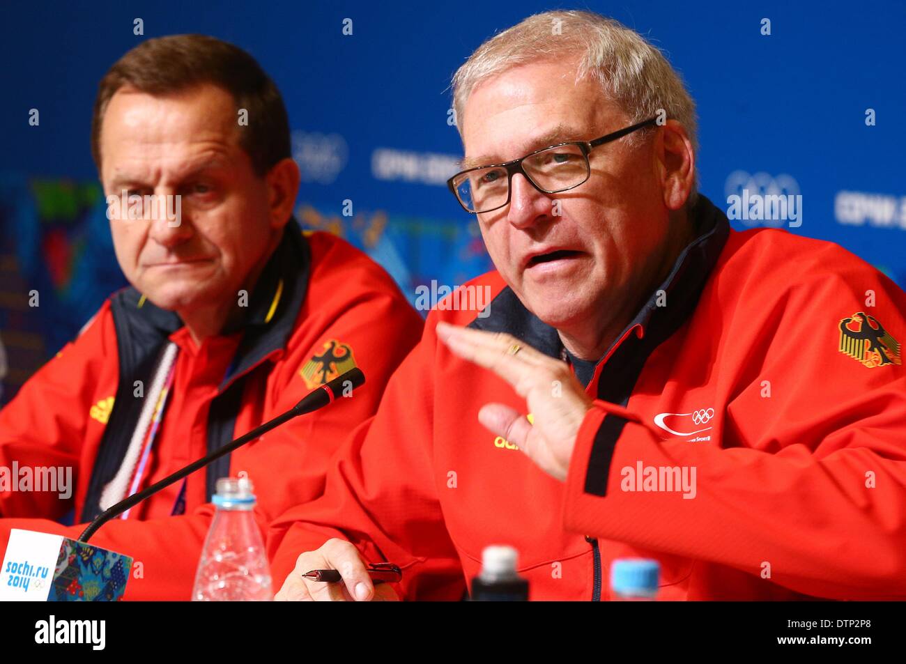 Alfons Hoermann (L), president of the German Olympic Sports Confederation (DOSB) and Michael Vesper, Chef de Mission of the team Germany attend a press conference at the Main Media Center (MPC) at the Sochi 2014 Olympic Games, Sochi, Russia, 22 February 2014. Photo: Christian Charisius/dpa Stock Photo