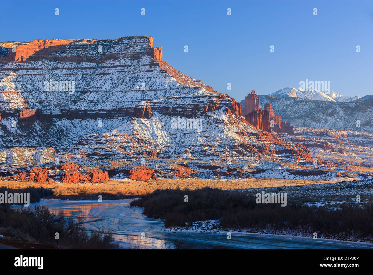 Winter sunset at the Fisher Towers, near Moab, Utah - USA Stock Photo