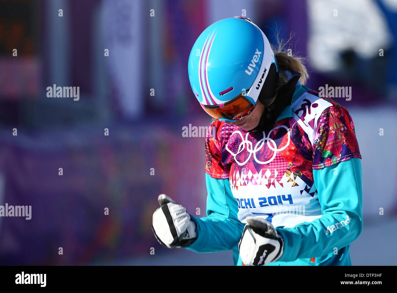 Sochi, Russia. 22nd February 2014. Selina Joerg of Germany reacts after her run during the Ladies' Snowboard Parallel Slalom (PSL) of the Snowboard event in Rosa Khutor Extreme Park at the Sochi 2014 Olympic Games, Krasnaya Polyana, Russia, 22 February 2014. Photo: Daniel Karmann/dpa/Alamy Live News Stock Photo