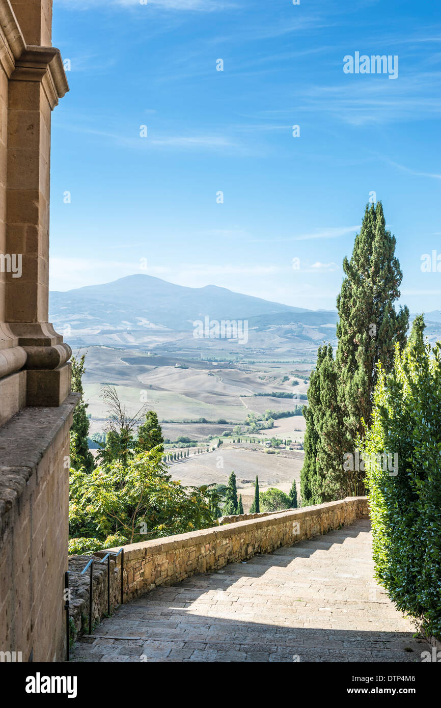 Stairs with beautiful Tuscany landscape in Pienza, Italy Stock Photo