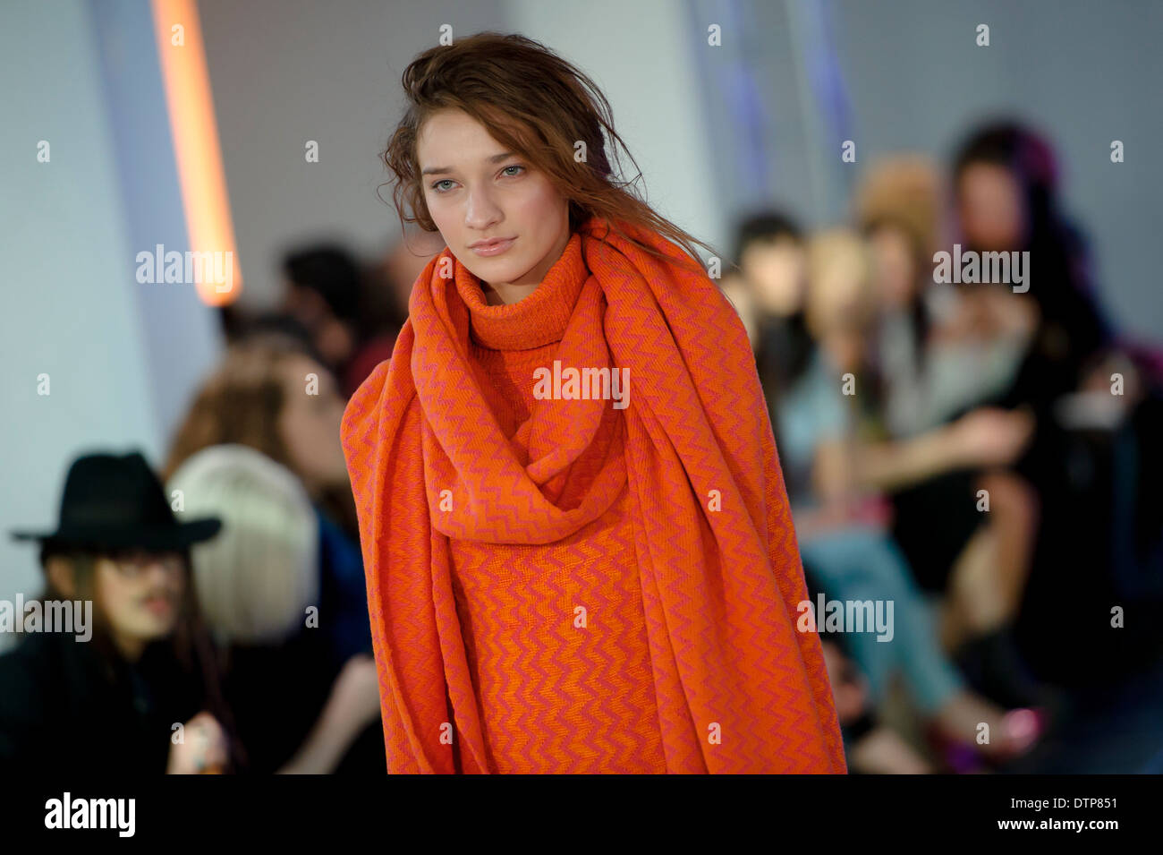 A model wears a design created by Mark Fast during London Fashion Week Autumn/Winter 2014, at Somerset House. Stock Photo