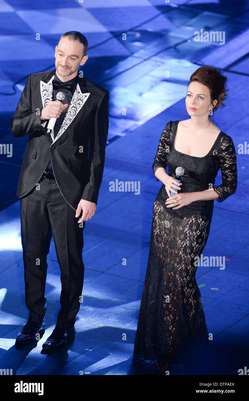 Sanremo, Italy. 21st Feb, 2014. Violante Placido (R) and Perturbazione attend the fourth night of the 64rd Sanremo Song Festival at the Ariston Theatre on February 21, 2014 in Sanremo, Italy. Credit:  Manuel Romano/NurPhoto/ZUMAPRESS.com/Alamy Live News Stock Photo