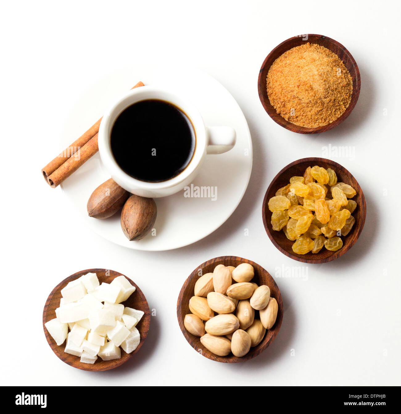 natural fruits with sugar nuts and coffee cup on white background Stock Photo Alamy