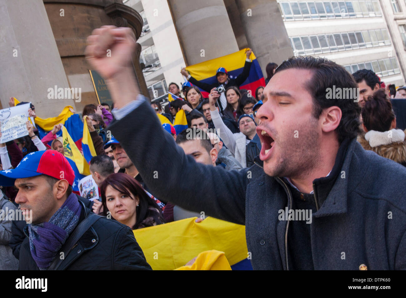 London, UK. 22nd February 2014. Hundreds of Venezuelans protest outside the BBC in London against what they say is a news blackout on developments in their country where student demonstrations have led to at least 10 deaths and hundreds of arrests. Credit:  Paul Davey/Alamy Live News Stock Photo