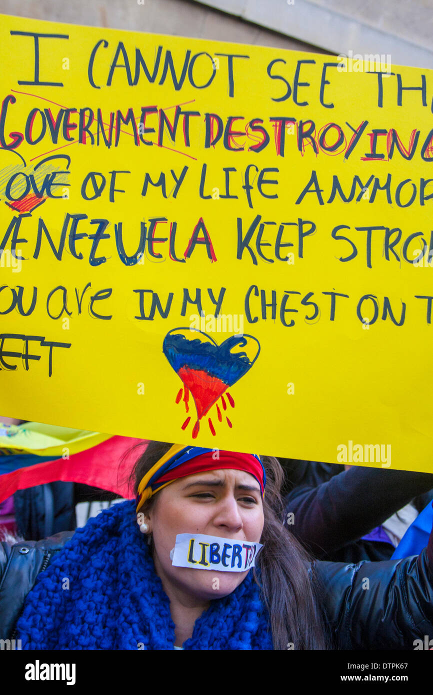 London, UK. 22nd February 2014. Hundreds of Venezuelans protest outside the BBC in London against what they say is a news blackout on developments in their country where student demonstrations have led to at least 10 deaths and hundreds of arrests. Credit:  Paul Davey/Alamy Live News Stock Photo