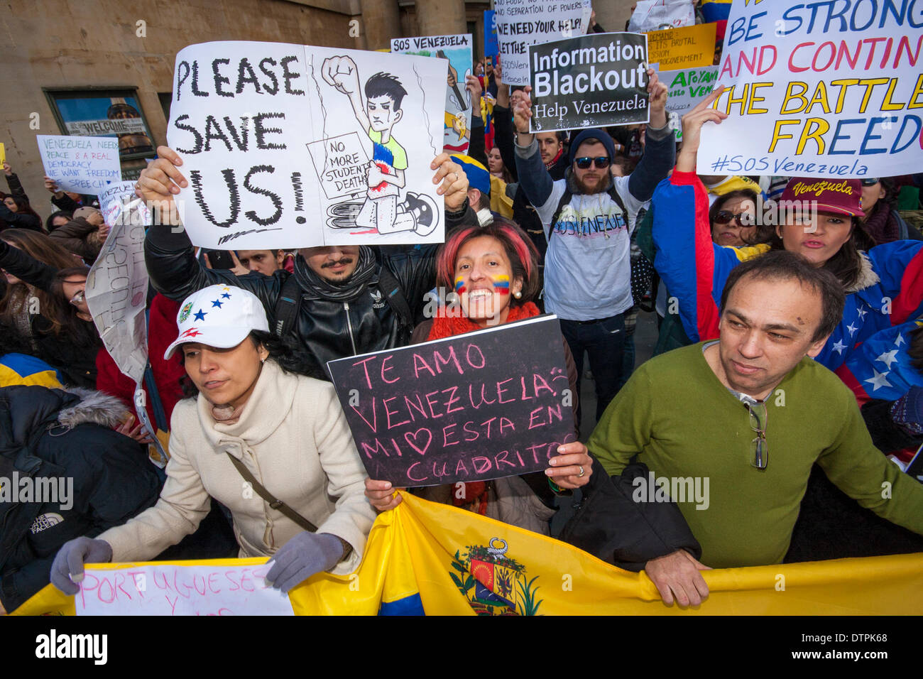 London, UK. 22nd February 2014. Hundreds of Venezuelans protest outside the BBC in London against what they say is a news blackout on developments in their country where student demonstrations have led to at least 10 deaths and hundreds of arrests. Credit:  Paul Davey/Alamy Live News Stock Photo