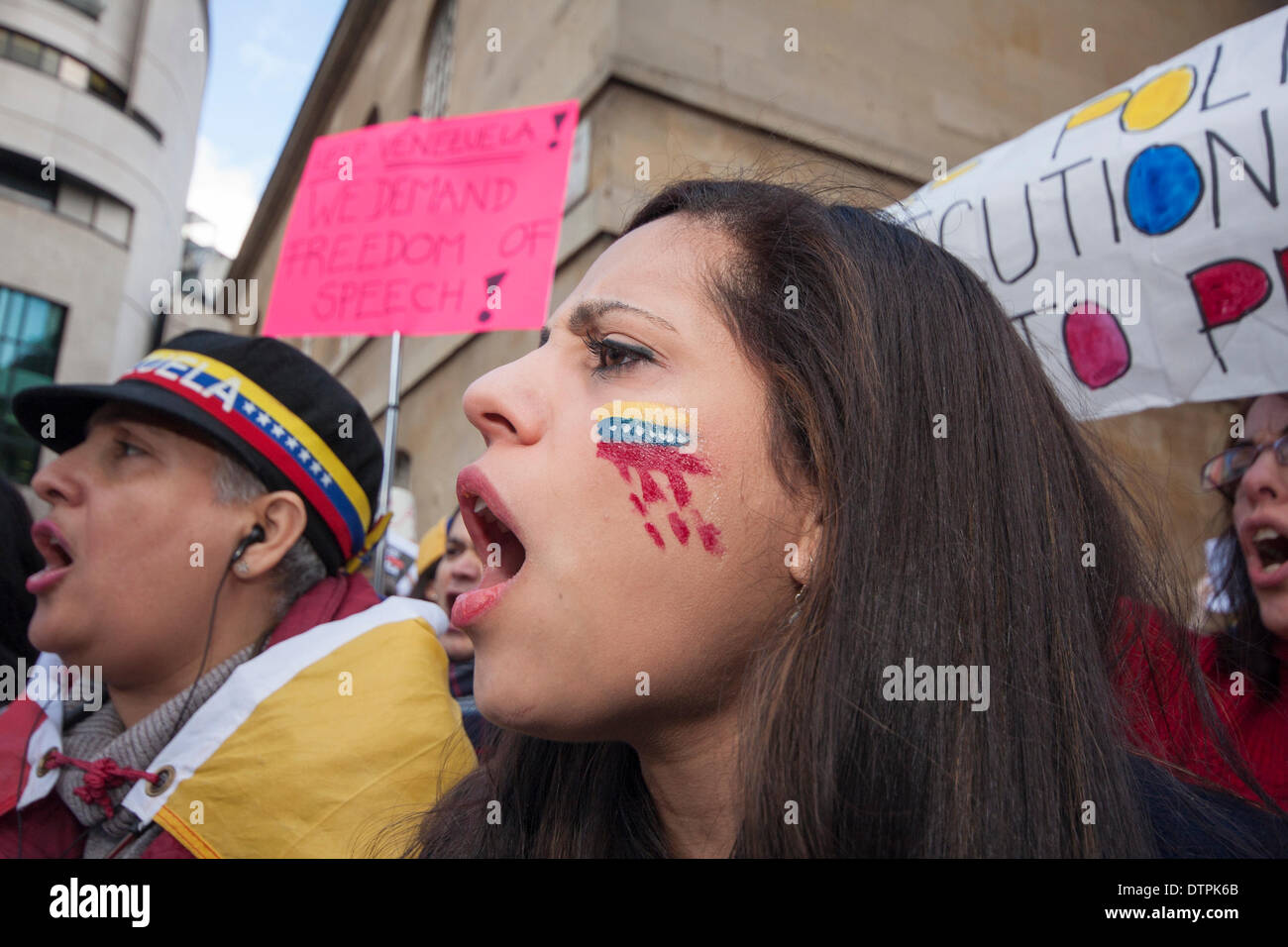 London, UK. 22nd February 2014. Hundreds of Venezuelans protest outside the BBC in London against what they say is a news blackout on developments in their country where student demonstrations have led to at least 10 deaths and hundreds of arrests. Credit:  Paul Davey/Alamy Live News Stock Photo