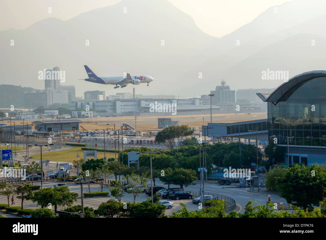 FedEx jet landing at Hong Kong International Airport, China. Stock Photo
