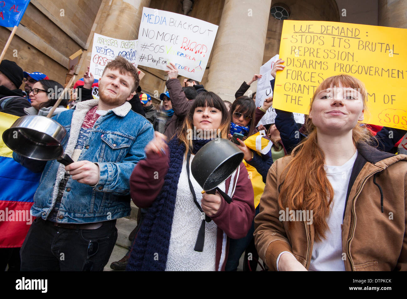 London, UK. 22nd February 2014. Hundreds of Venezuelans protest outside the BBC in London against what they say is a news blackout on developments in their country where student demonstrations have led to at least 10 deaths and hundreds of arrests. Credit:  Paul Davey/Alamy Live News Stock Photo