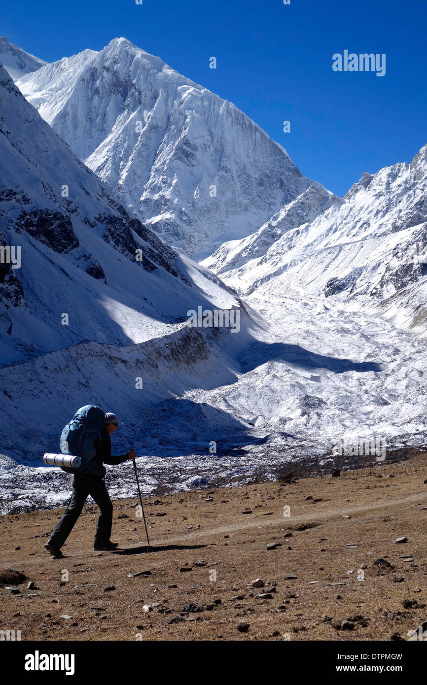 Trekking below Manaslu North peak, Himalaya range, Nepal. Stock Photo