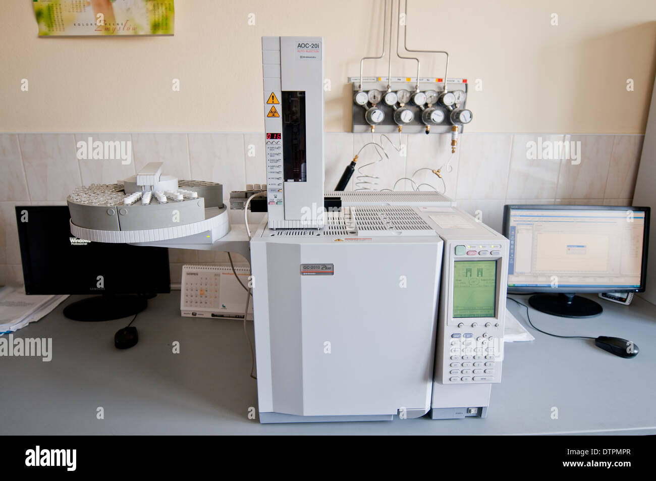 Sample vials on Gas Chromatograph autosampler in Forensic Laboratory in Radom, Poland Stock Photo