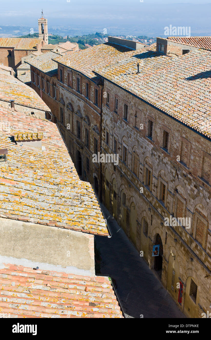 Overlooking the rooftops and buildings of Via Ricci from Palazzo Comunale, Montepulciano, Tuscany, Italy Stock Photo