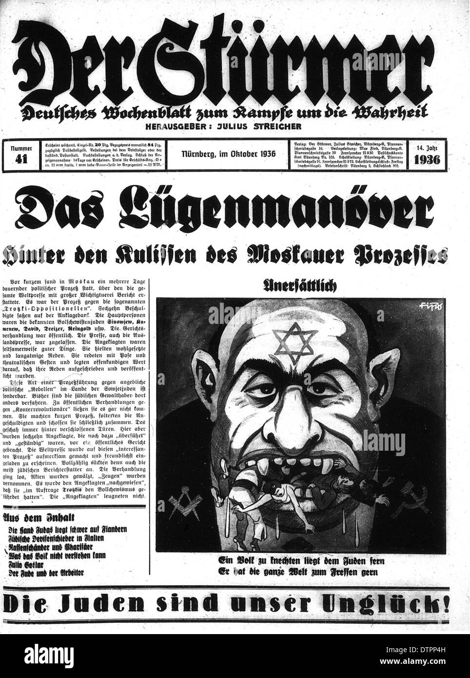 Front page of Der Sturmer a weekly Nazi German newspaper published by Julius Streicher from 1923 to the end of World War 2 in which the Jew is shown as an ugly, angry looking man with prominent exaggerated nose Stock Photo