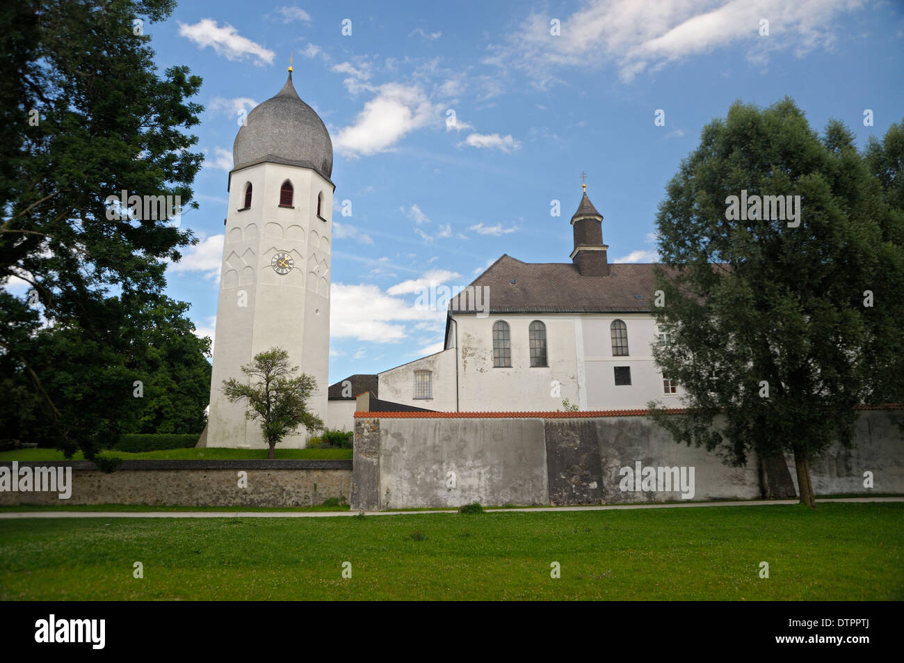 Monastery, belltower, Fraueninsel, Chiemsee, Bavaria, Germany Stock Photo