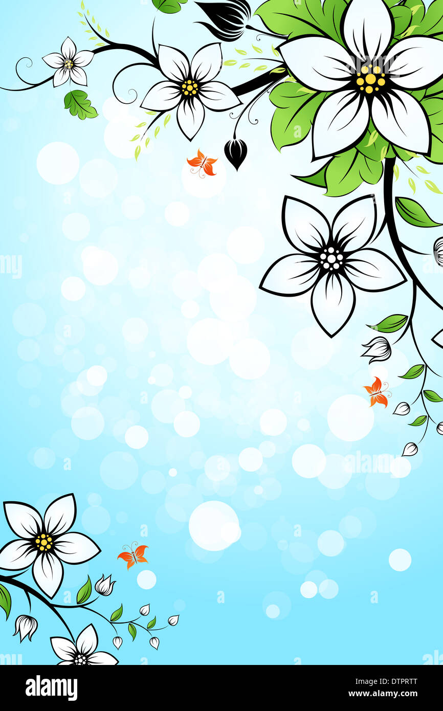 Blue Background with Flowers and Butterfly Stock Photo - Alamy