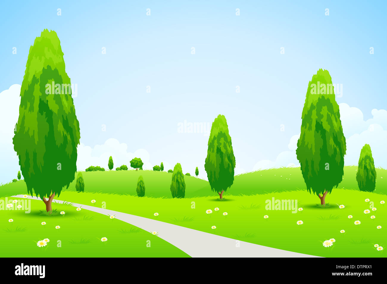 Green Landscape with Flowers Trees and Clouds Stock Photo - Alamy