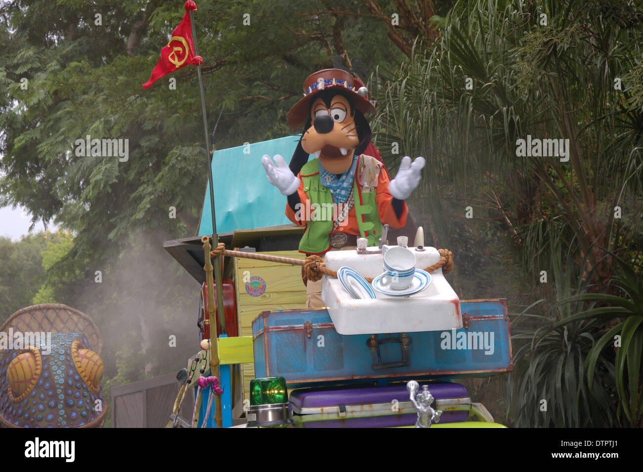 Goofy parading on a float at Mickey's Jamming Jungle Parade in Walt Disney's World Animal
