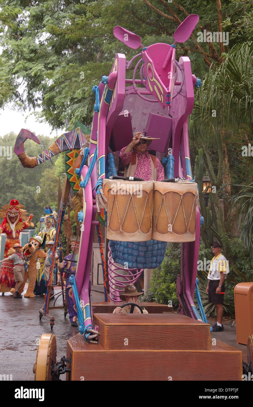 An animal looking float parading at Mickey's Jamming Jungle Parade in Walt Disney's World Animal Kingdom, Orlando, Florida, U.S.A Stock Photo