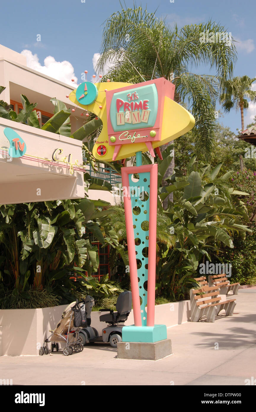 '50's Prime Time Cafe' advertising sign at Walt Disney's World Hollywood Studio in Kissimmee, Orlando, Florida, U.S.A Stock Photo