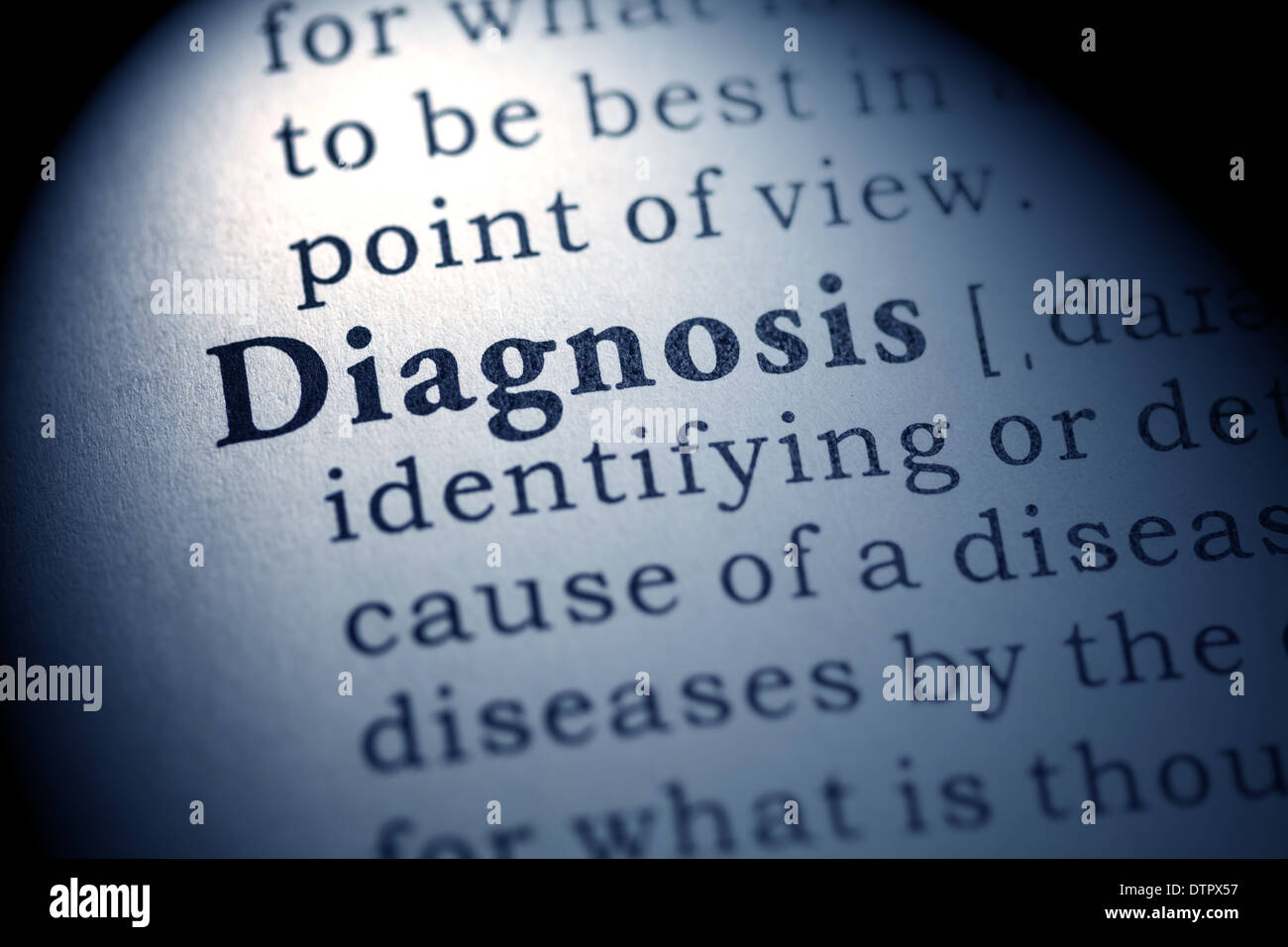 Fake Dictionary, Dictionary definition of the word diagnosis. Stock Photo