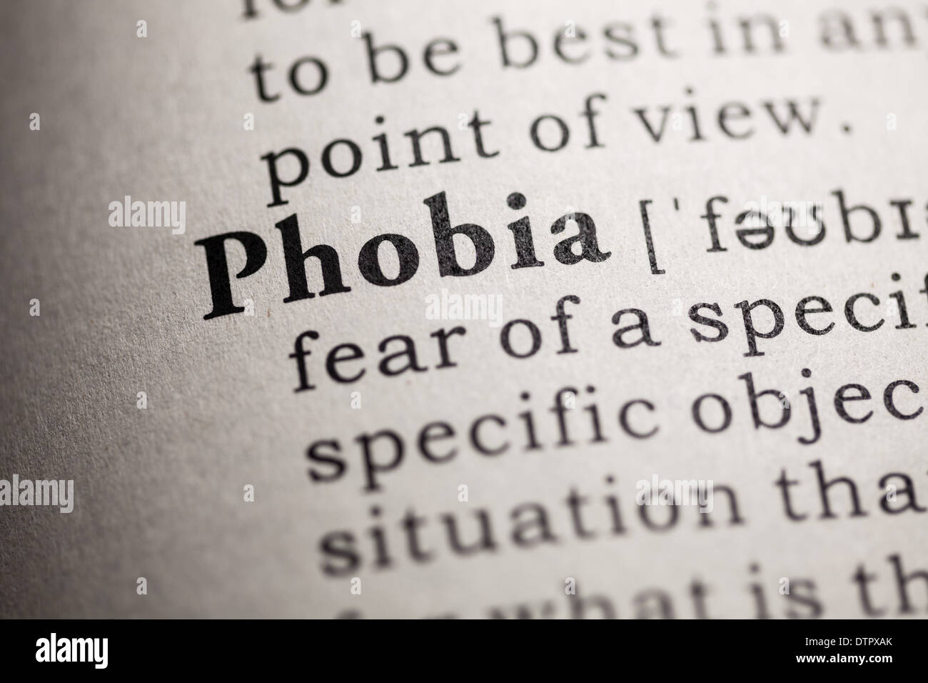 Fake Dictionary, Dictionary definition of the word phobia. Stock Photo