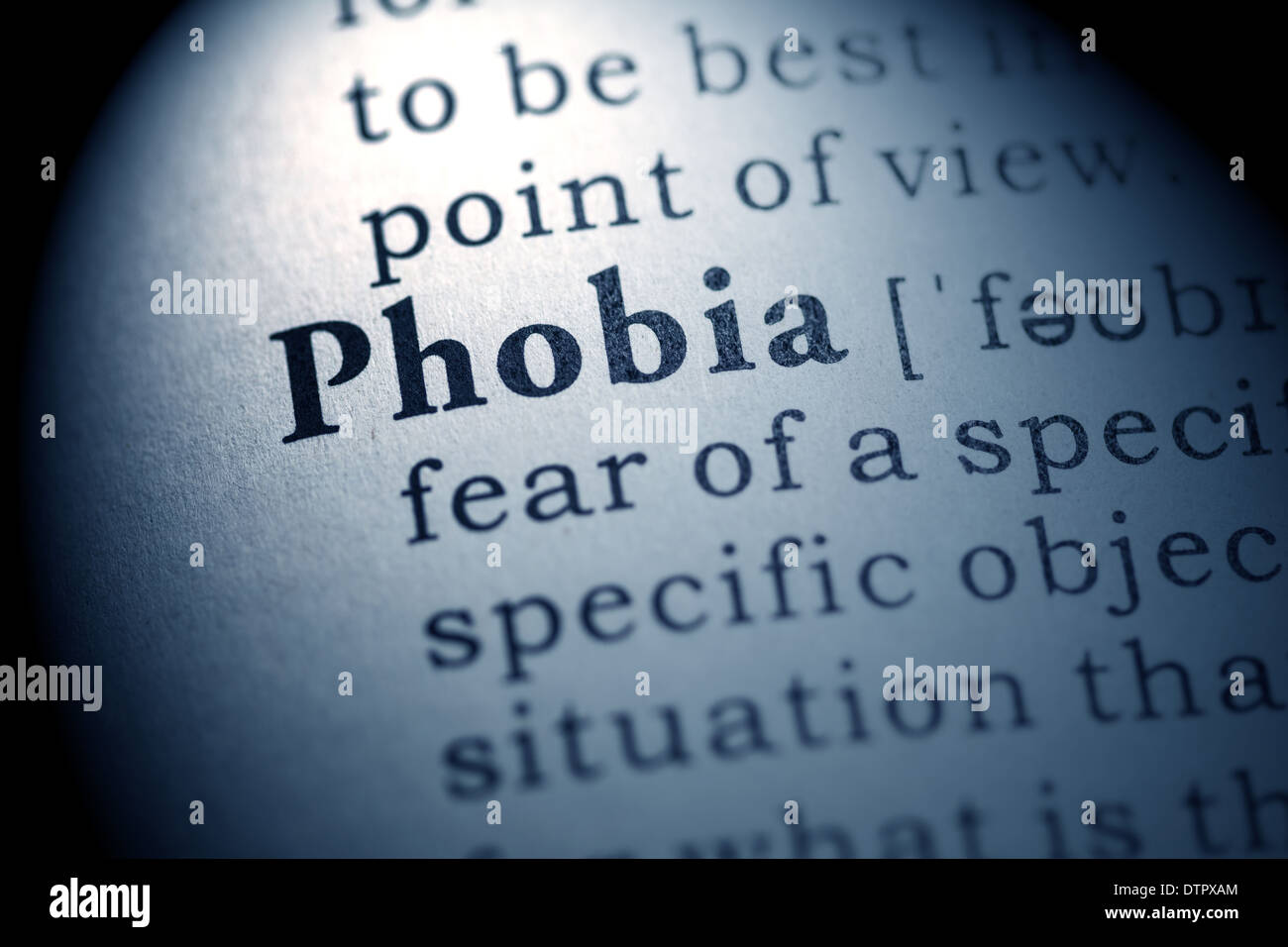 Fake Dictionary, Dictionary definition of the word phobia. Stock Photo