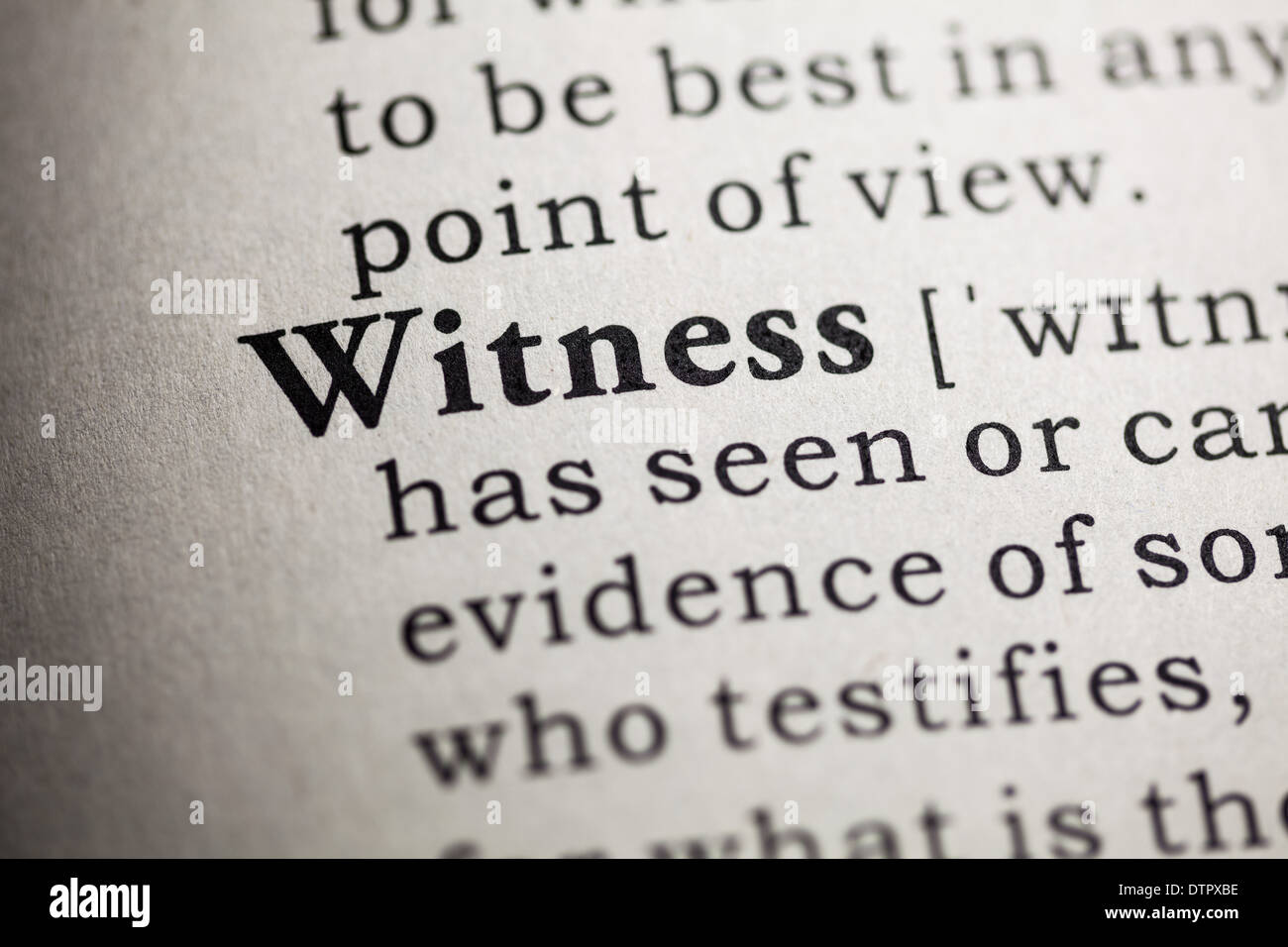 Fake Dictionary, Dictionary definition of the word witness. Stock Photo