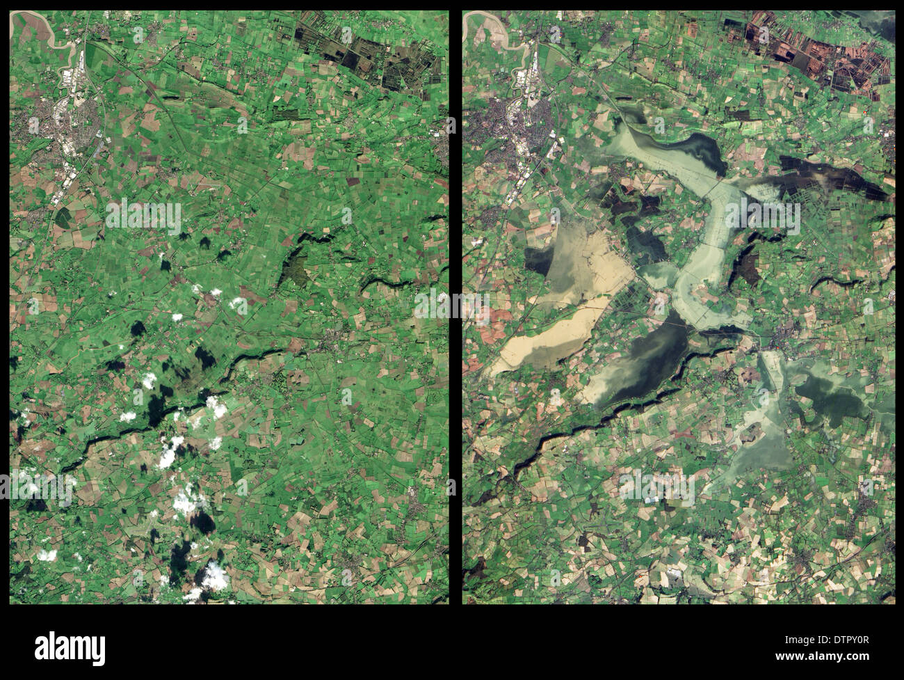 A low-lying tract of land in southwestern England known as the Somerset Levels is flooded in 2014, seen in before after photos. Stock Photo