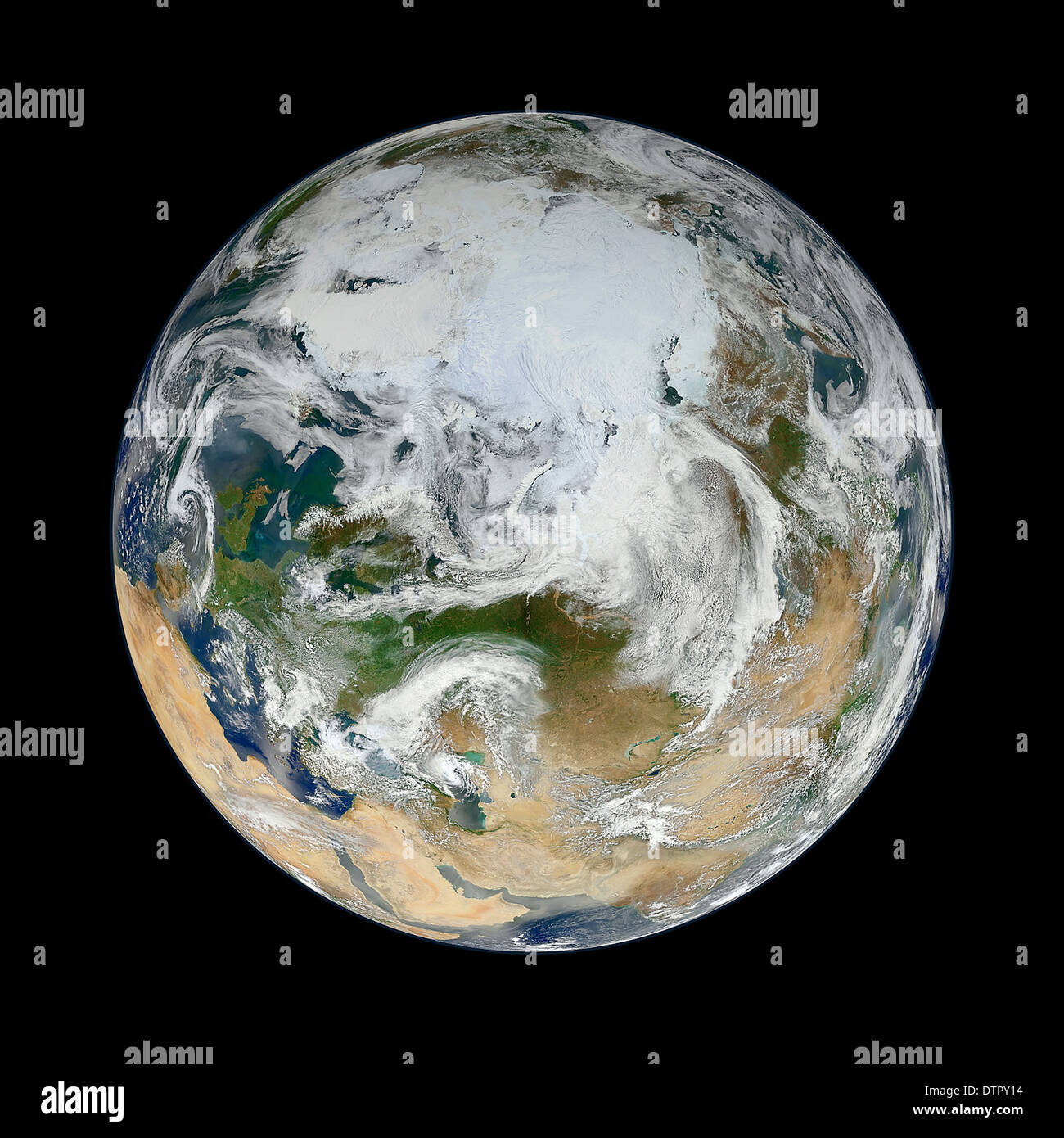 A view of the full planet earth as seen from space looking at the top or arctic regions and north pole. Stock Photo