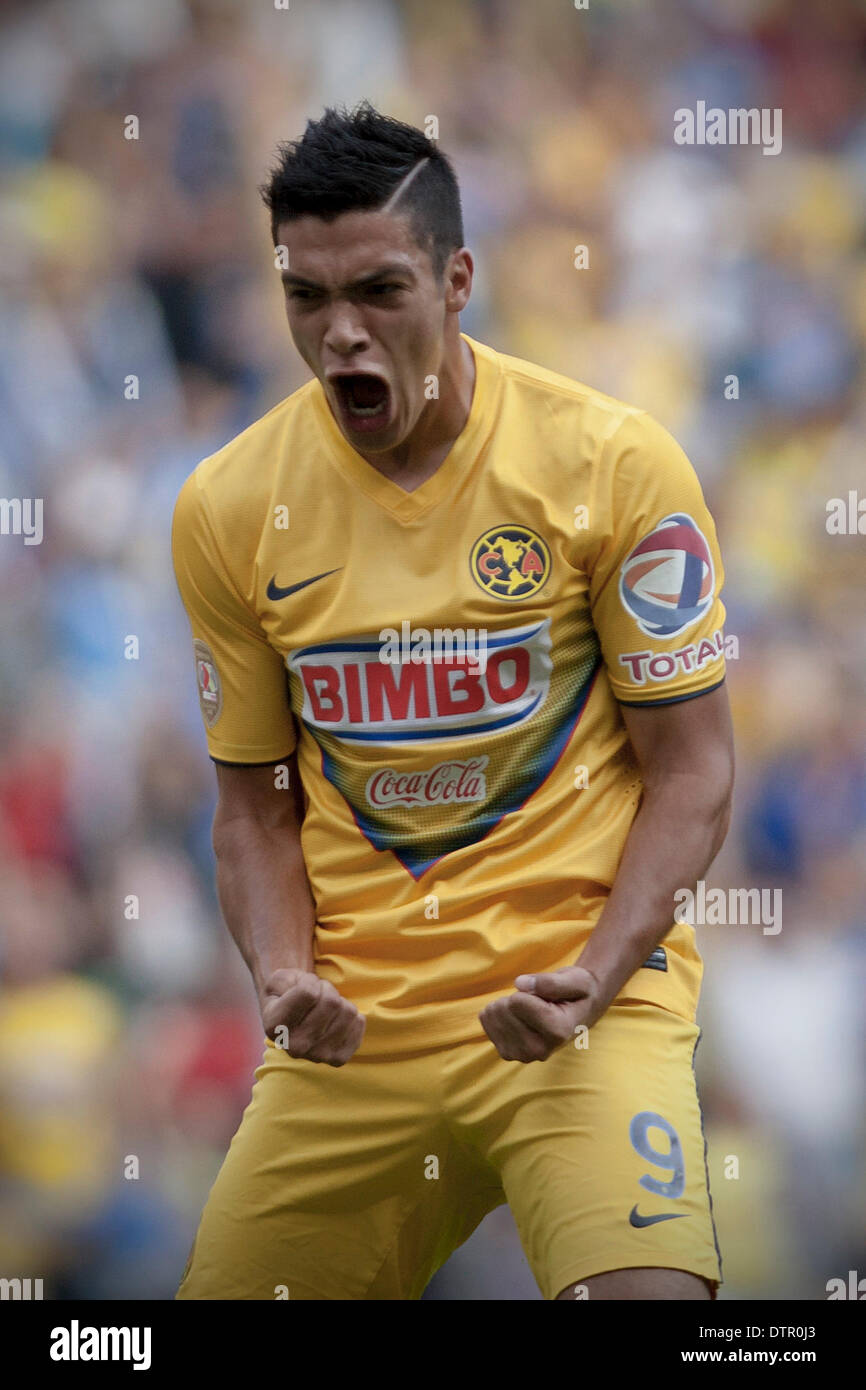 Mexico City, Mexico. 22nd Feb, 2014. Raul Jimenez of America celebrates  after scoring during the match of the MX League Closing Tournament against  Pumas' UNAM at Azteca Stadium in Mexico City, capital