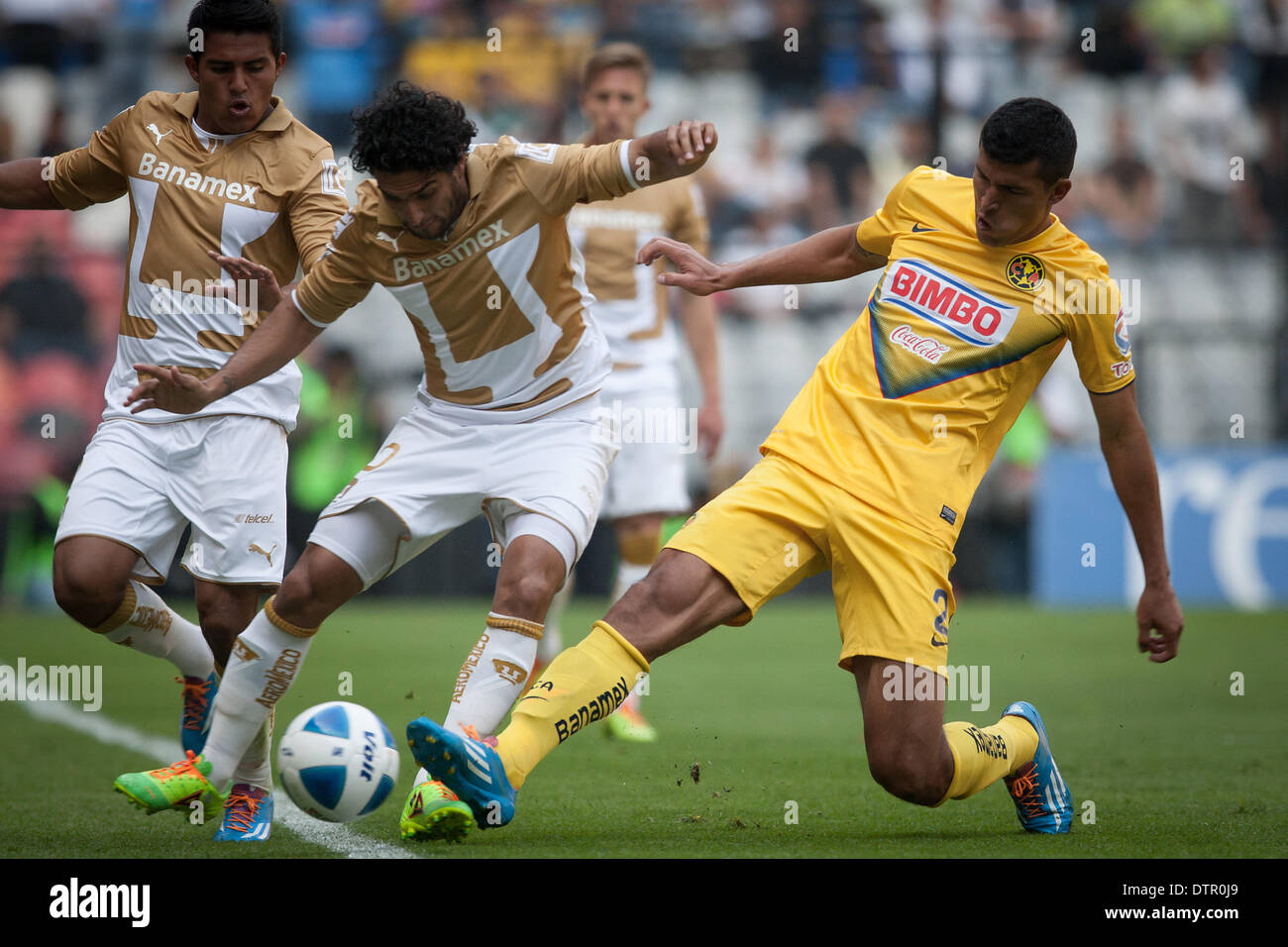 Mexico City, Mexico. 22nd Feb, 2014. Francisco Javier Rodriguez (R) of America vies for the ball with Martin Bravo (C) of Pumas' UNAM during their match of the MX League Closing Tournament at Azteca Stadium in Mexico City, capital of Mexico, on Feb. 22, 2014. © Pedro Mera/Xinhua/Alamy Live News Stock Photo