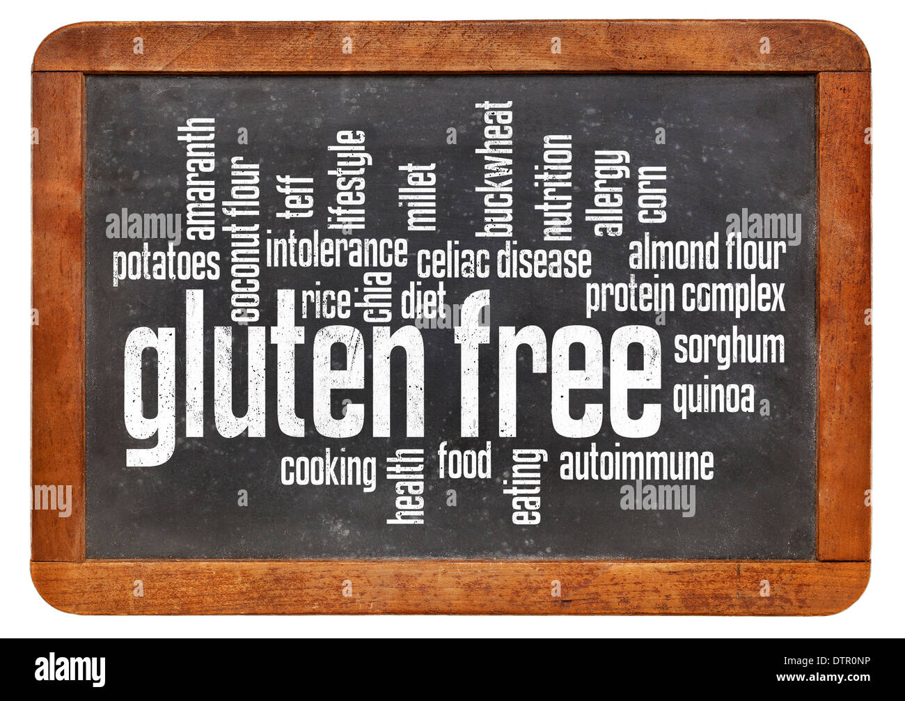 gluten free food word cloud on a vintage slate blackboard isolated on white Stock Photo