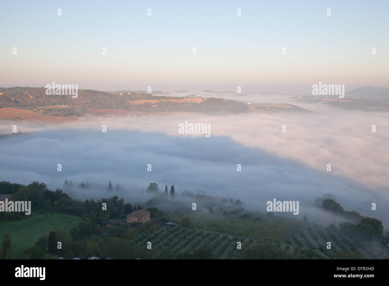 Morning mist on the slopes below Montepulciano, Tuscany, Italy. Mandatory credit Jo Whitworth Stock Photo