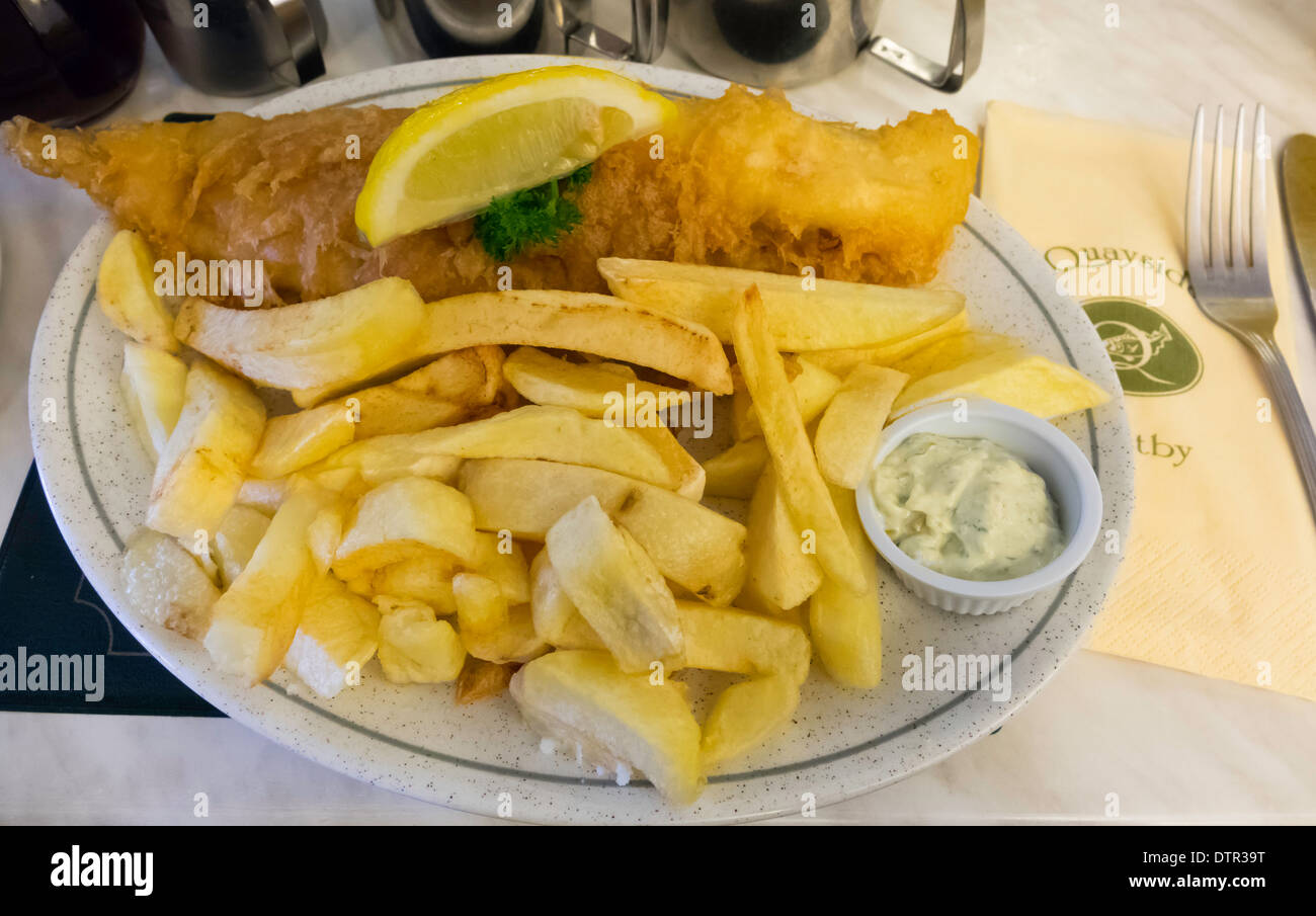 Fish and chips at the Quayside Cafe in Whitby, National Award Winner 2014 Stock Photo