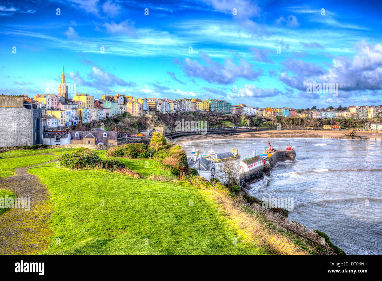 View of Tenby town and harbour in Pembrokeshire Wales historic Welsh