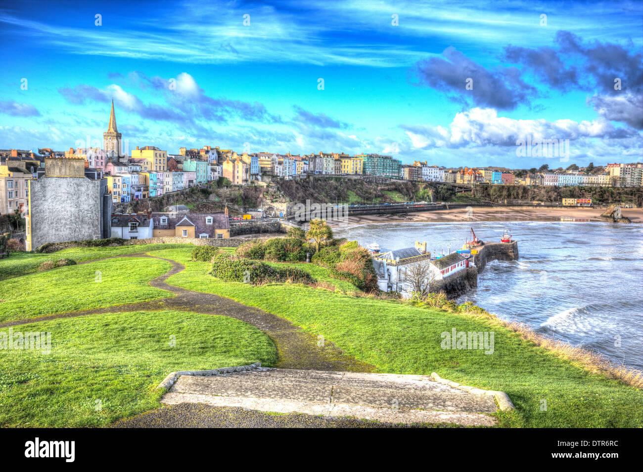 View of Tenby town and harbour in Pembrokeshire Wales historic Welsh