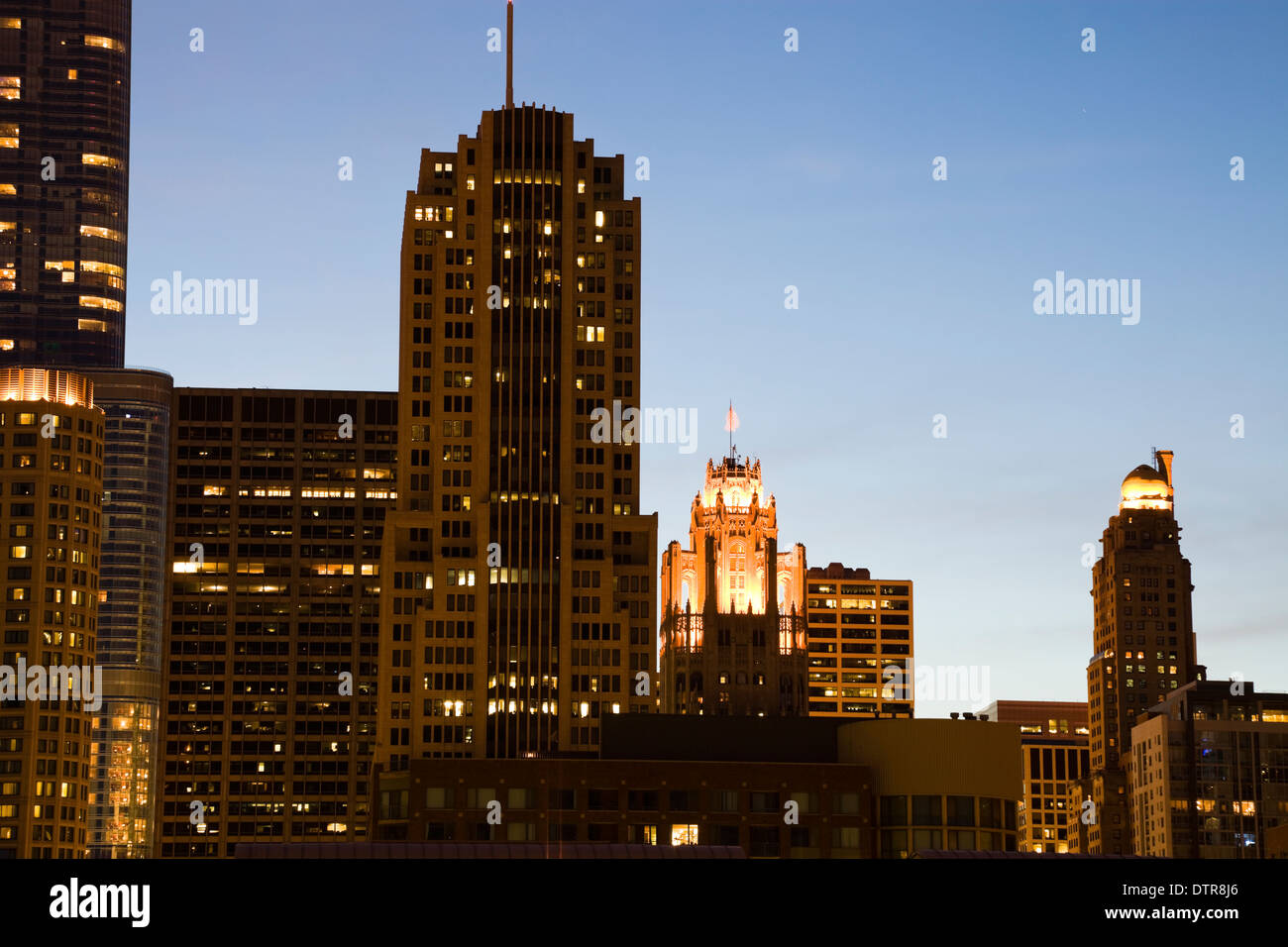 Night in Chicago - Tribune Builidng on Michigan Avenue Stock Photo