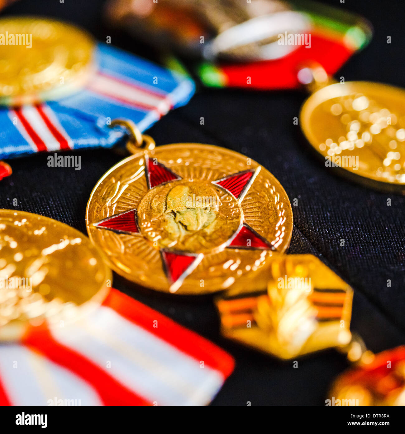 Medals of a victory in the Great Patriotic War on the parade uniform of the veteran of the Soviet Union Armed Forces Stock Photo