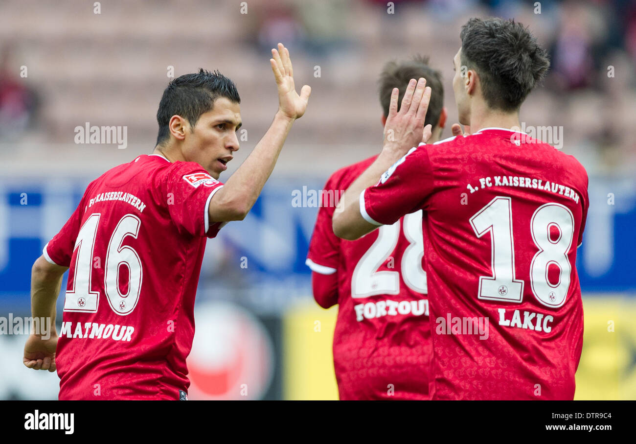 Kaiserslautern, Germany. 23rd Feb, 2014. Kaiserslautern's Karim Matmour celebrates his 1-2 goal during the second league match between FC Kaiserslautern and VfR Aalen at Fritz-Walter-Stadium in Kaiserslautern, Germany, 23 February 2014. Photo: Uwe Anspach (ATTENTION: Due to the accreditation guidelines, the DFL only permits the publication and utilisation of up to 15 pictures per match on the internet and in online media during the match.)/dpa/Alamy Live News Stock Photo