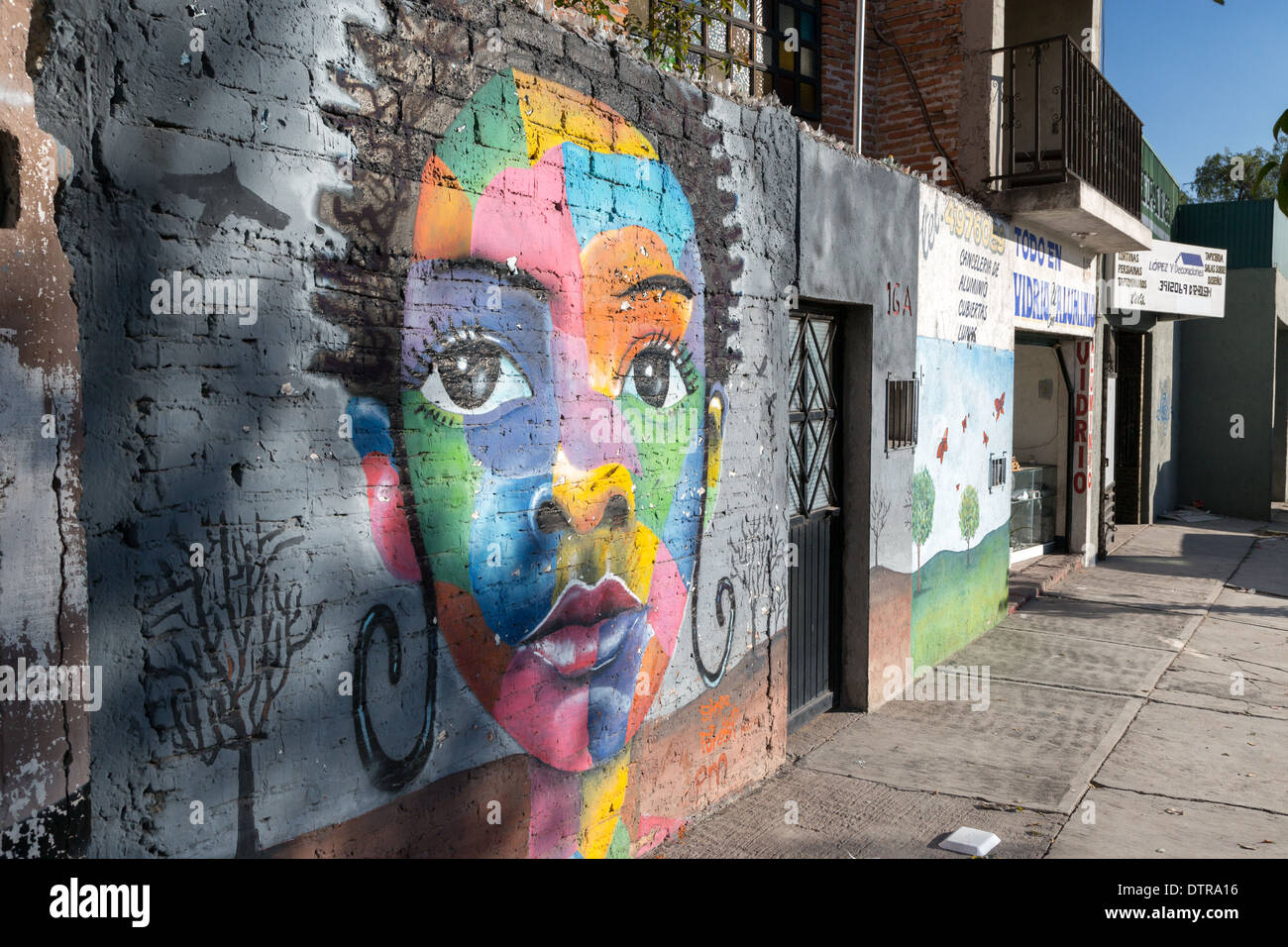 Street art depicting a multi colorful woman along a street in Santiago ...