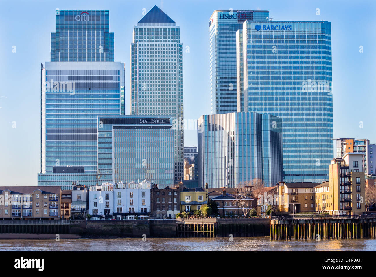 Canary Wharf and other skyscrapers on the Isle of Dogs, river Thames, London Stock Photo
