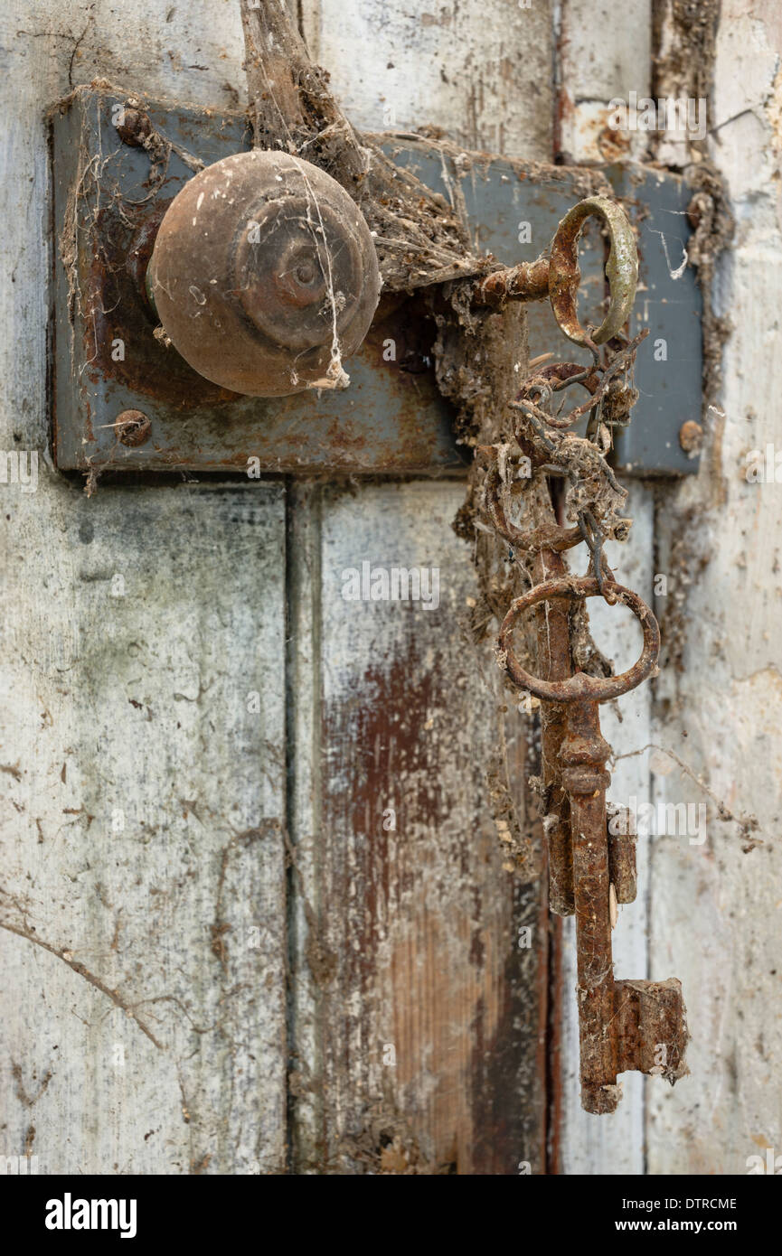 Old key in door lock covered in spider webs Stock Photo